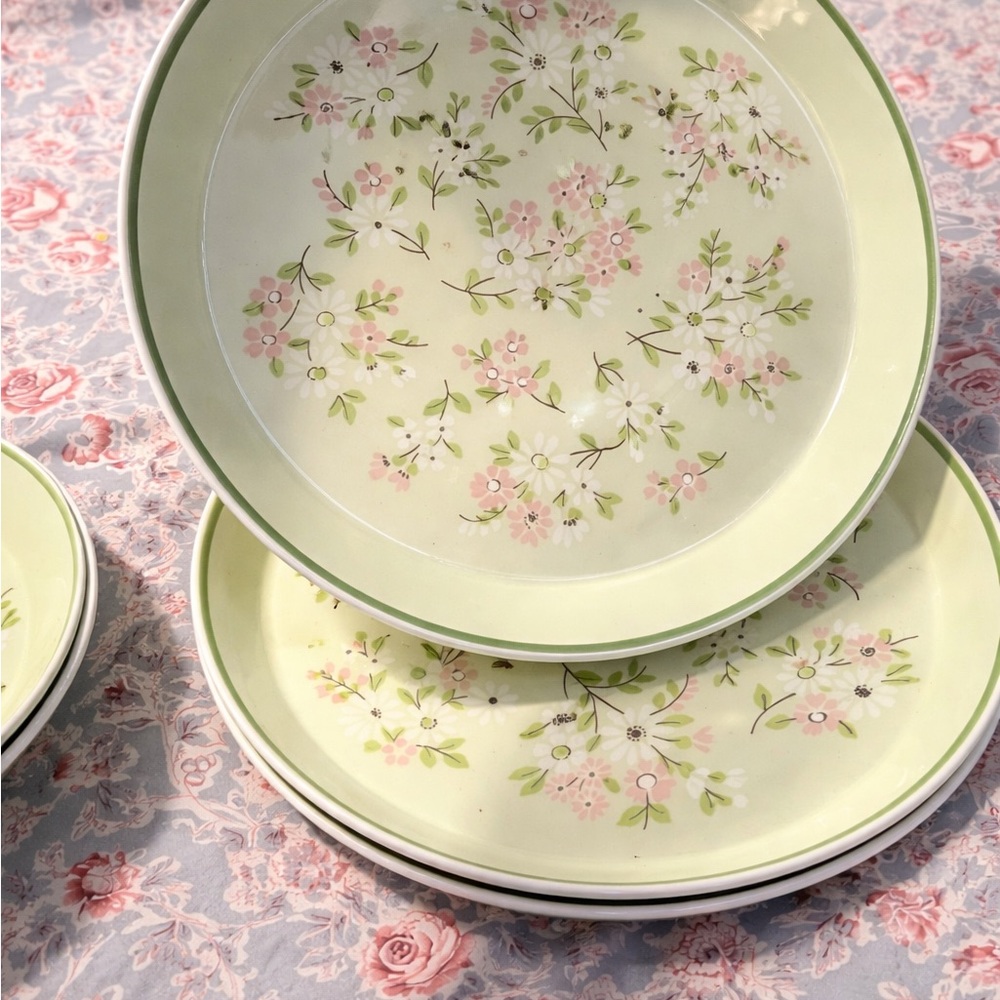 Vintage 70s Mikasa Colormates Chinoise Light Green Bowl and Plate Set (2 of each